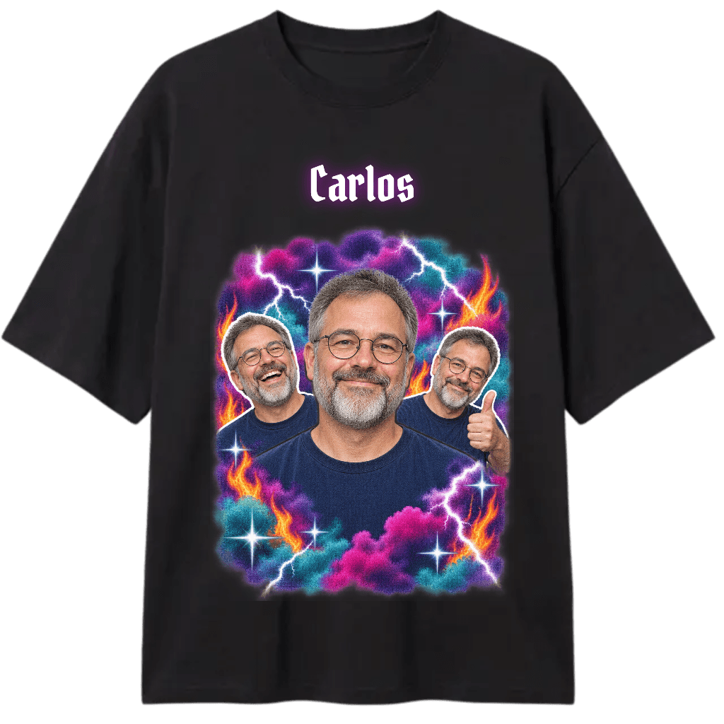 Camiseta preta com estampa bootleg anos 90 e o nome no alto