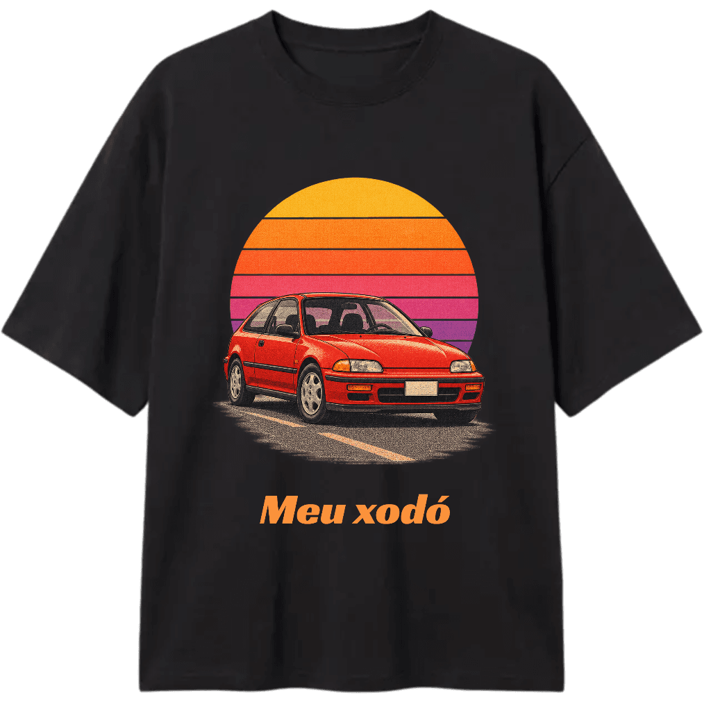 Camiseta preta com o carro em pôster retrô e o nome embaixo